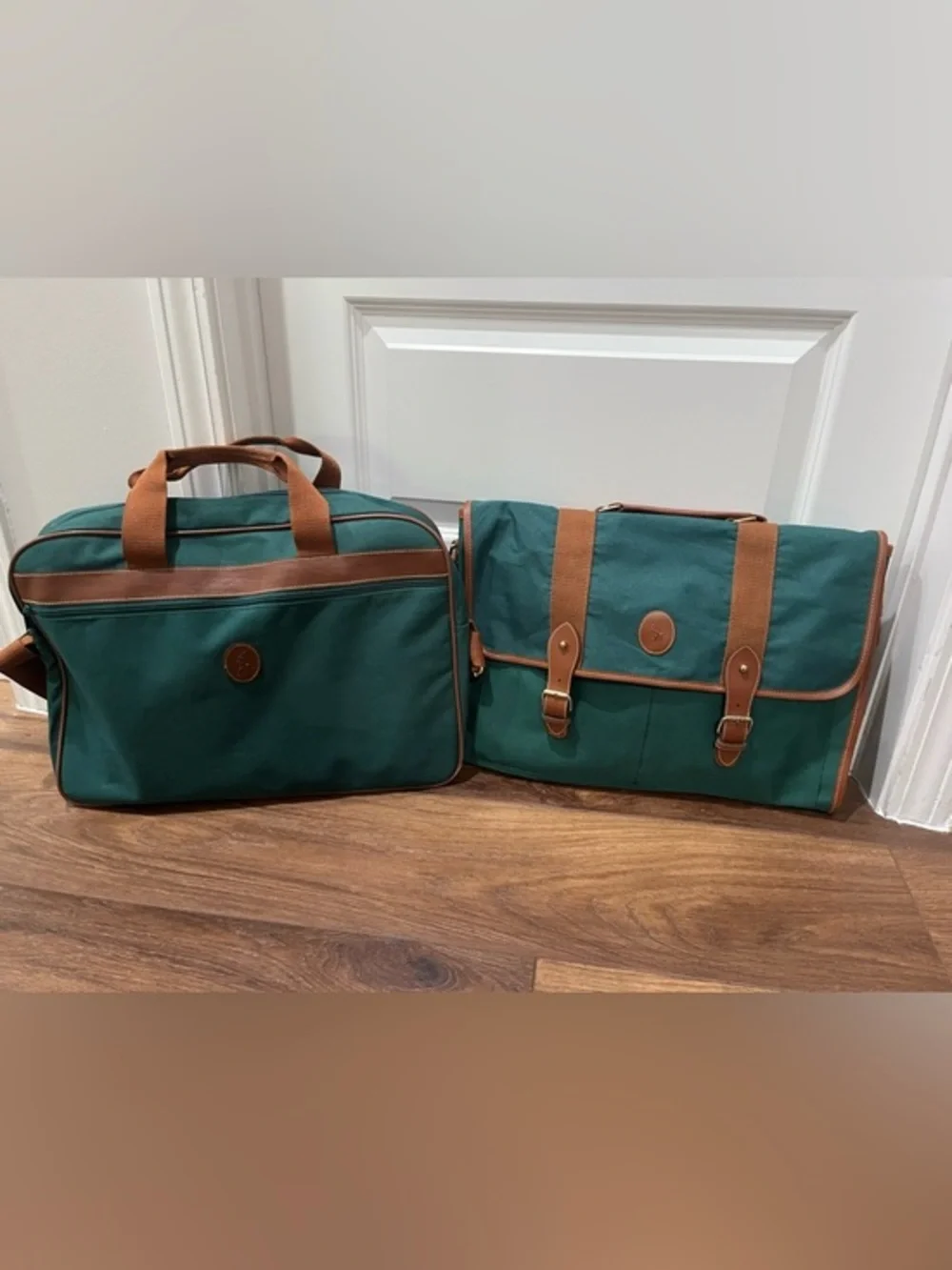 VTG Polo Ralph Lauren 2pc Travel Bag Set Green Canvas Duffle Messenger Pony Logo